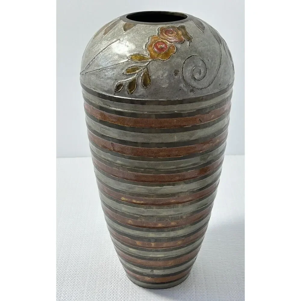 Vintage Brass Cloisonne Flower‎ Decor Vase~Floral~Earthtones~India~10.25
